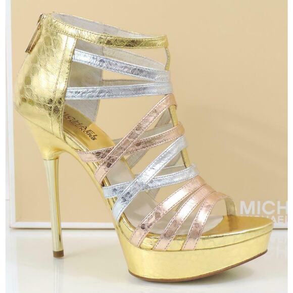 Michael Kors Maddie Dress Platform High Heels Sandals Rose Gold Multi